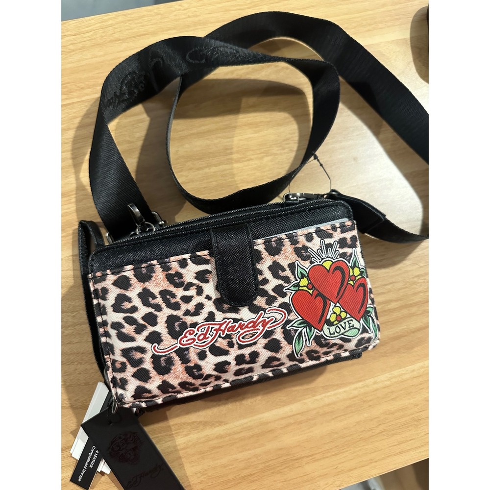 Ed‎ Hardy Leopard Print Hearts Love Crossbody Wallet Bag